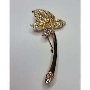 Vintage Gold Tone Orchid Napier Brooch with Rhinestones